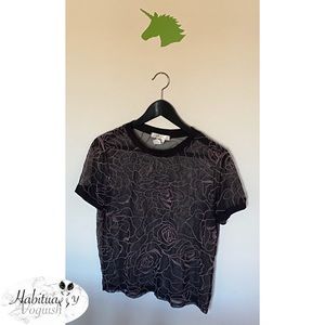 Sheer Mesh Black and Pink Rose Crop Top